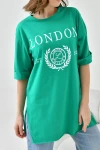 Yeşil Bisiklet Yaka Oversize London Baskılı T-Shirt BC241123