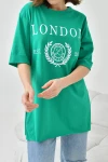 Yeşil Bisiklet Yaka Oversize London Baskılı T-Shirt BC241123