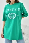 Yeşil Bisiklet Yaka Oversize London Baskılı T-Shirt BC241123