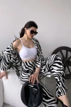 Zebra Desenli Krinkle Kumaş Pantolon Ve Kimono Alt Üst Takım BCDF-241201