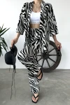 Zebra Desenli Krinkle Kumaş Pantolon Ve Kimono Alt Üst Takım BCDF-241201