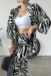 Zebra Desenli Krinkle Kumaş Pantolon Ve Kimono Alt Üst Takım BCDF-241201