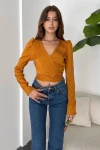 Hardal Kruvaze Yaka Beli Kuşaklı Crop Bluz BCDF-242108