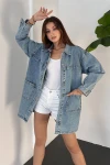 Mavi Düğmeli Çift Cep Oversize Denim Gömlek Ceket BCDF-245415