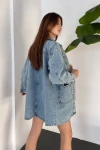 Mavi Düğmeli Çift Cep Oversize Denim Gömlek Ceket BCDF-245415