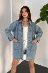 Mavi Düğmeli Çift Cep Oversize Denim Gömlek Ceket BCDF-245415