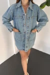 Mavi Düğmeli Çift Cep Oversize Denim Gömlek Ceket BCDF-245415