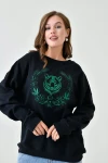 Siyah Bisiklet Yaka Baskılı 2 İplik Sweatshirt BC24YG1084-1