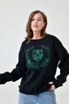 Siyah Bisiklet Yaka Baskılı 2 İplik Sweatshirt BC24YG1084-1