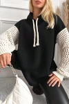 Siyah Kapüşonlu Kolları Triko Örgülü 3 İplik Sweatshirt BC24YG154Y